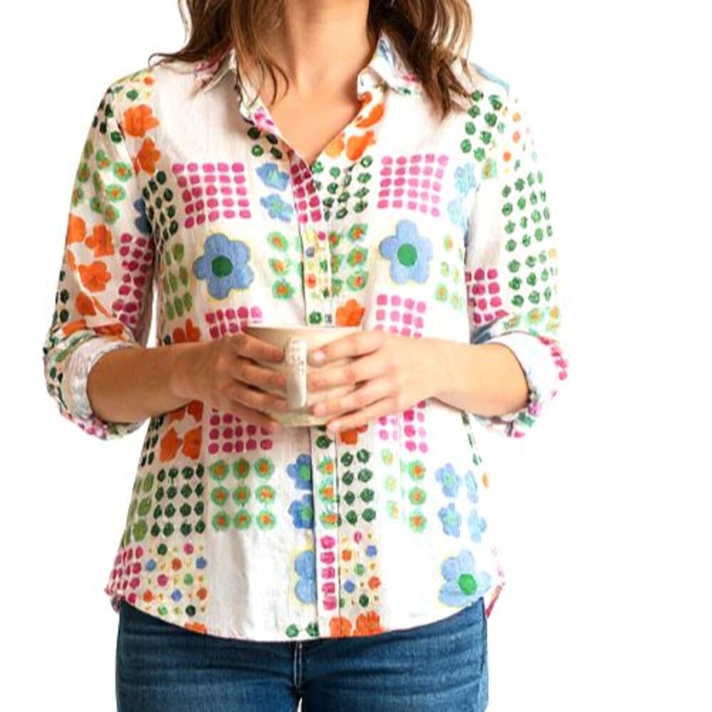 Talbots Classic Cotton Shirt in Graphic Flower Dots Women Size XL Long Sleeve